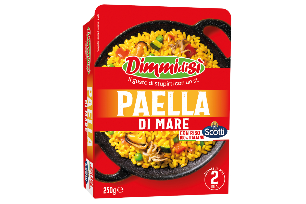 Confezione di Paella di Mare DimmidiSì. Riso, frutti di mare e verdure. Piatto pronto, facile e veloce.
