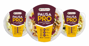 Insalata Pausa Pro OrtoRomi: mix di legumi, verdure fresche e proteine. Ideale per un pasto sano e veloce.
