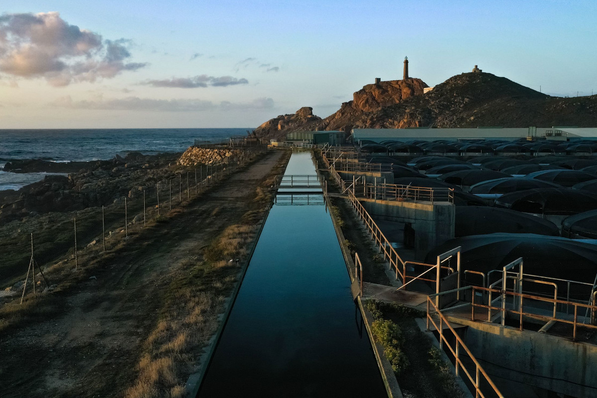 Allevamento ittico sostenibile Neptun, Galizia. Vista aerea con faro e costa rocciosa. - Stolt