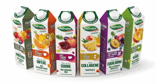 Gamma Valfrutta Vitalità: succhi di frutta e verdura per colazione e snack. Gusti assortiti, ricchi di vitamine e fibre.