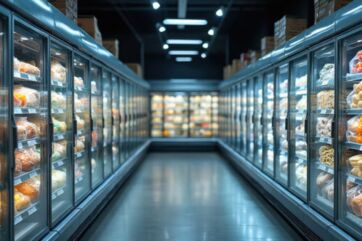 Corsia surgelati: vetrine piene di prodotti ittici e alimentari congelati. Spesa conveniente e conservazione ottimale.