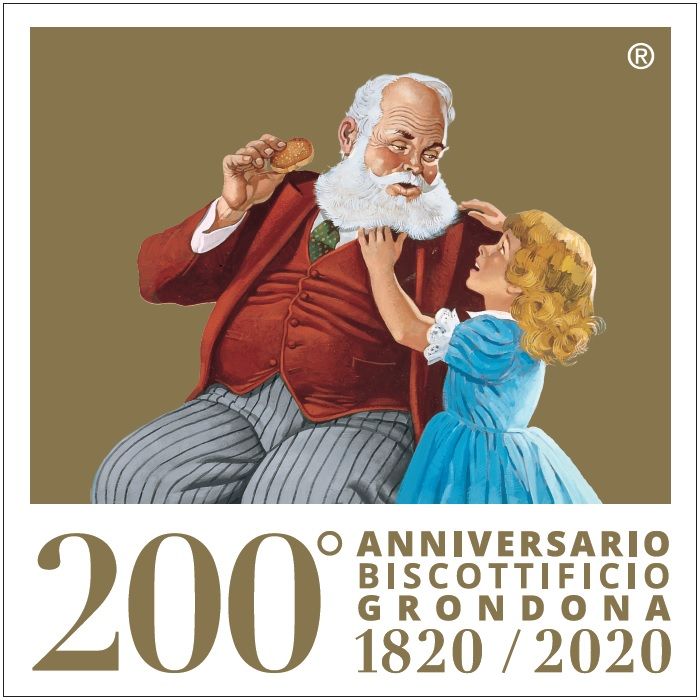 Grondona 200 anni: illustrazione vintage di uomo con biscotto e bambina. Panettoni Grondona Natale 2026.