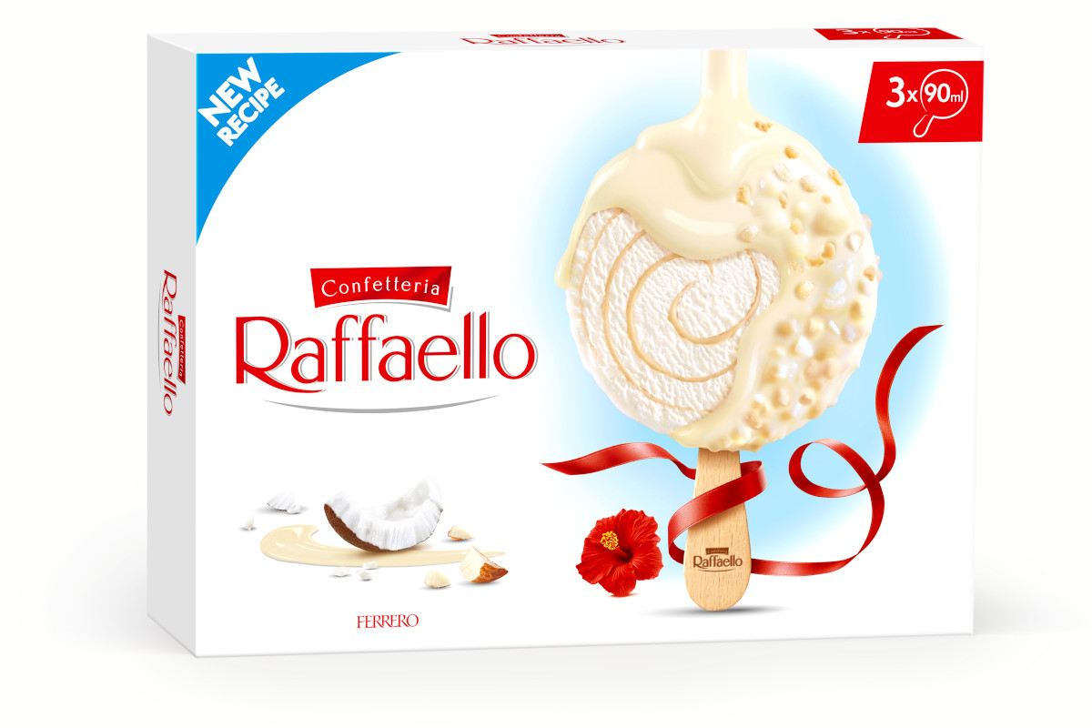 Confezione gelato Raffaello Ferrero. Novità: gelato stecco al cocco e mandorle.