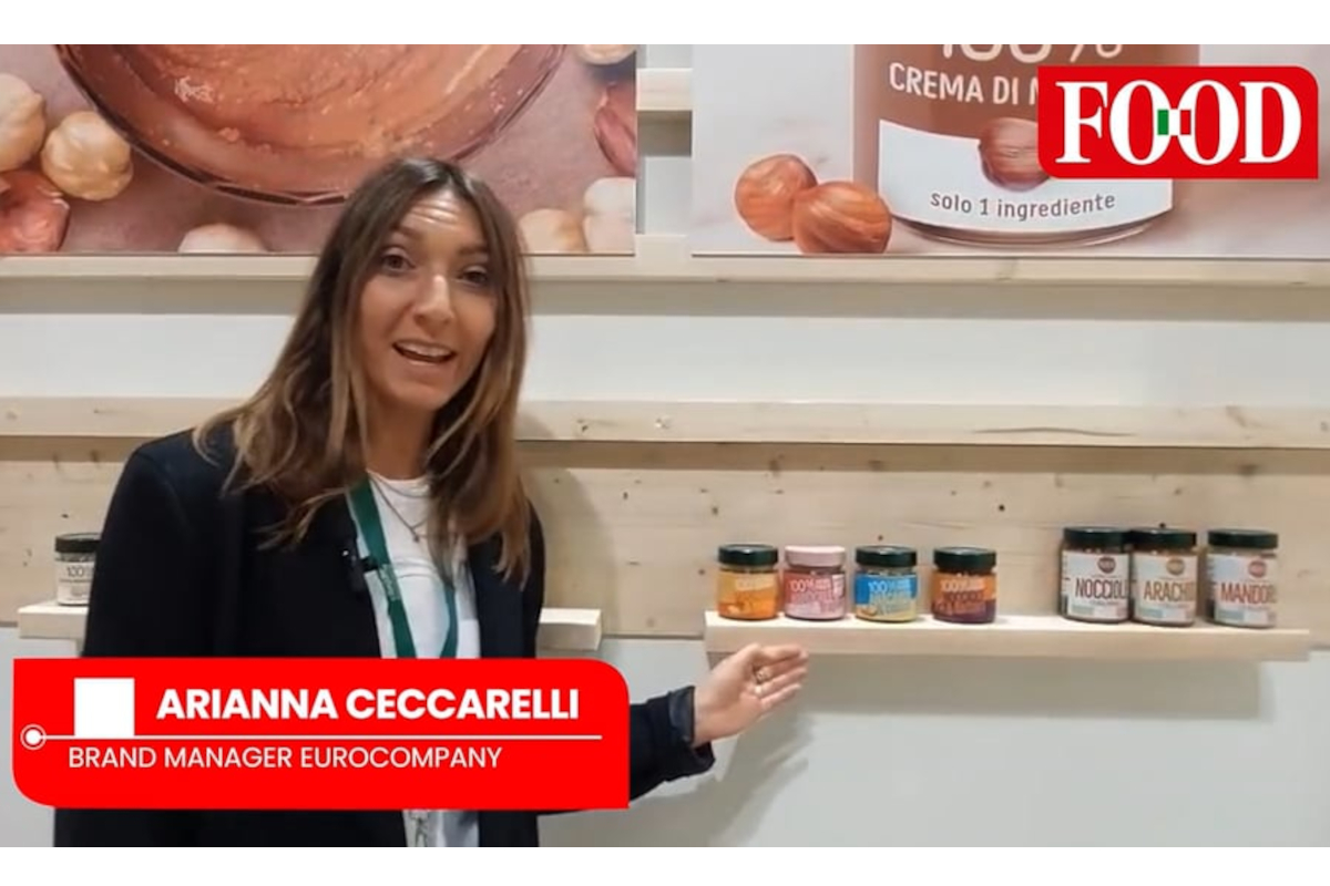 Eurocompany Tuttofood 2026: Arianna Ceccarelli presenta crema mandorla e mango. Creme 100% frutta secca: nocciola, arachidi, mandorla.