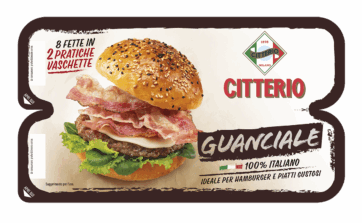 Guanciale Citterio a fette. Packaging con hamburger e guanciale. Prodotto 100% italiano.