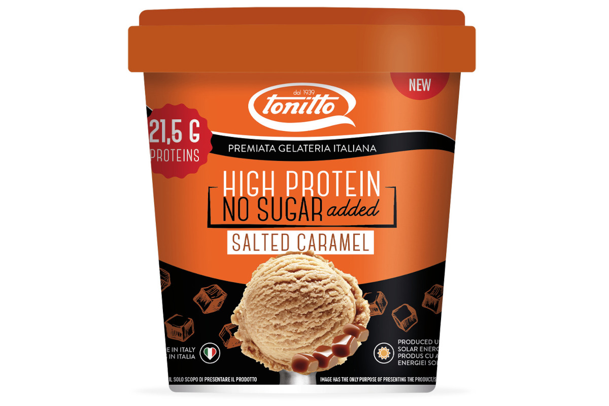 Gelato proteico Tonitto al caramello salato, senza zuccheri aggiunti. Dessert italiano.