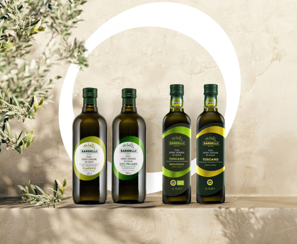Bottiglie di olio extravergine Sardelli: Classico, 100% Italiano, Toscano Biologico. Olio d'oliva toscano.