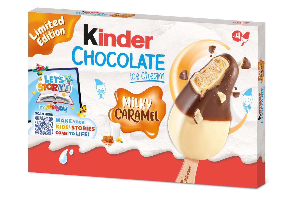 Gelato Kinder Chocolate Limited Edition. Confezione con stecco gelato al caramello. Novità Kinder gelati.
