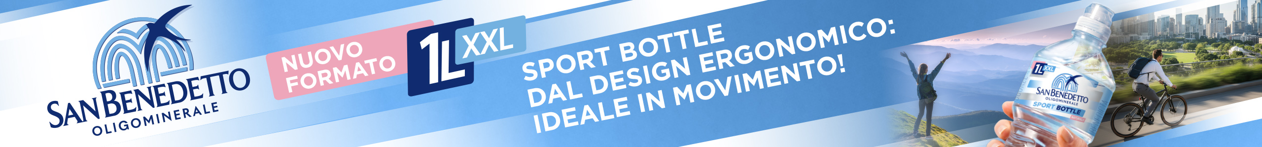 Banner San Benedetto: acqua minerale in nuovo formato 1L XXL. Sport bottle ergonomica, ideale per l'idratazione durante l'attività fisica.