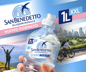 Banner San Benedetto Giugno 2026. Acqua minerale San Benedetto, nuovo formato Sport Bottle 1L XXL.