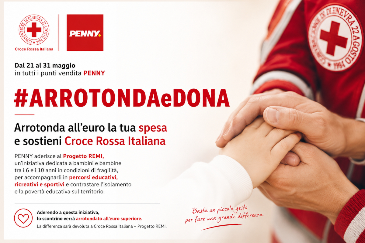 Penny Italia, #ArrotondaeDona per Croce Rossa. Mani di adulto e bambino unite. Iniziativa di solidarietà.