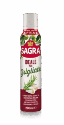 Olio Spray Sagra ideale per grigliate. Olio extra vergine di oliva aromatizzato al rosmarino e aglio.