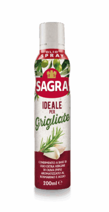 Olio Spray Sagra ideale per grigliate. Olio extra vergine di oliva aromatizzato al rosmarino e aglio.