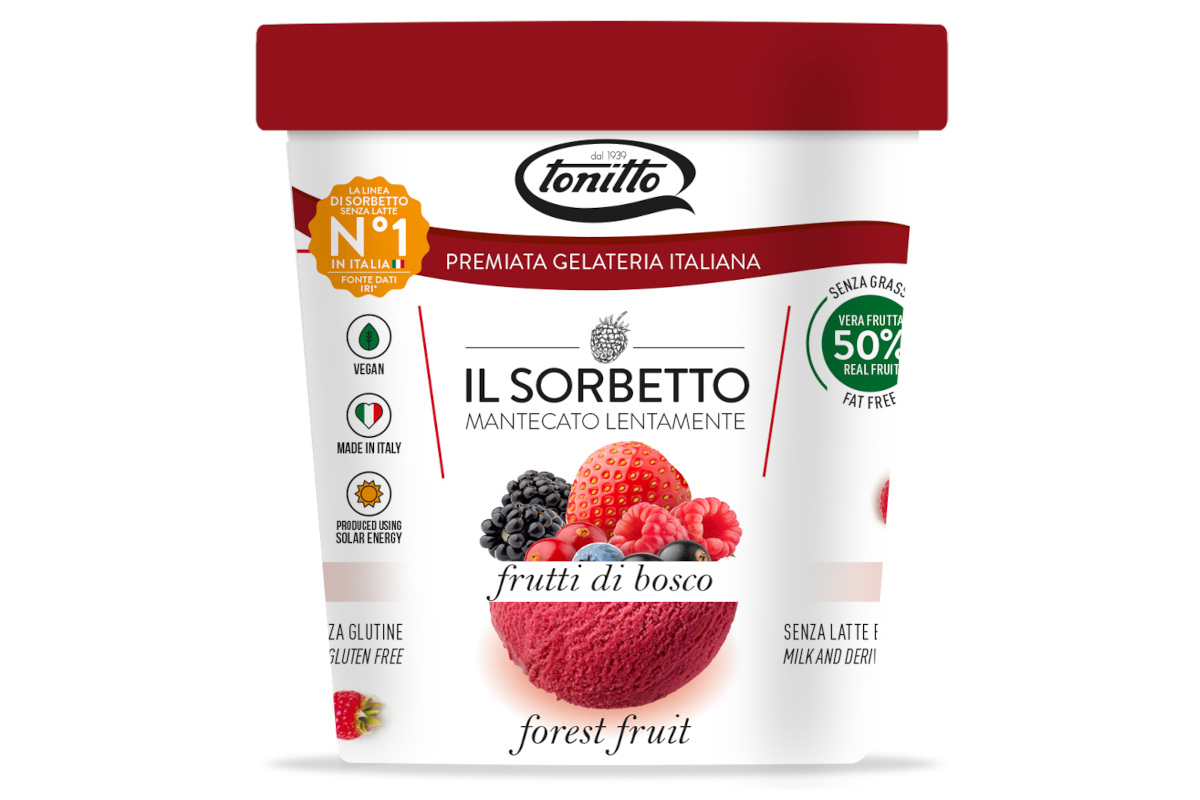 Sorbetto frutti di bosco Tonitto. Gelato vegano senza glutine e senza lattosio. Dessert estivo.