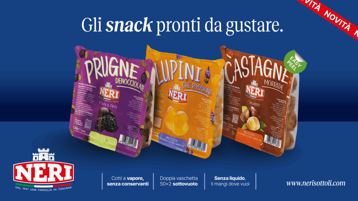 Snack Neri Sottoli: frutta secca, lupini, castagne. Prodotti toscani innovativi e gustosi. TuttoFood 2026.
