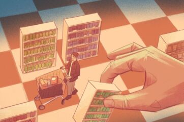 Illustrazione di riposizionamento: uomo con carrello spesa in un supermercato a scacchiera. Strategie di marketing.