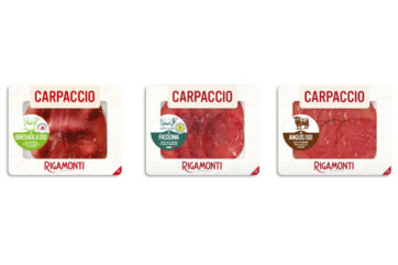 Tre vaschette di carpaccio Rigamonti: bresaola, fassona e angus. Carne cruda affettata, pronta da gustare.