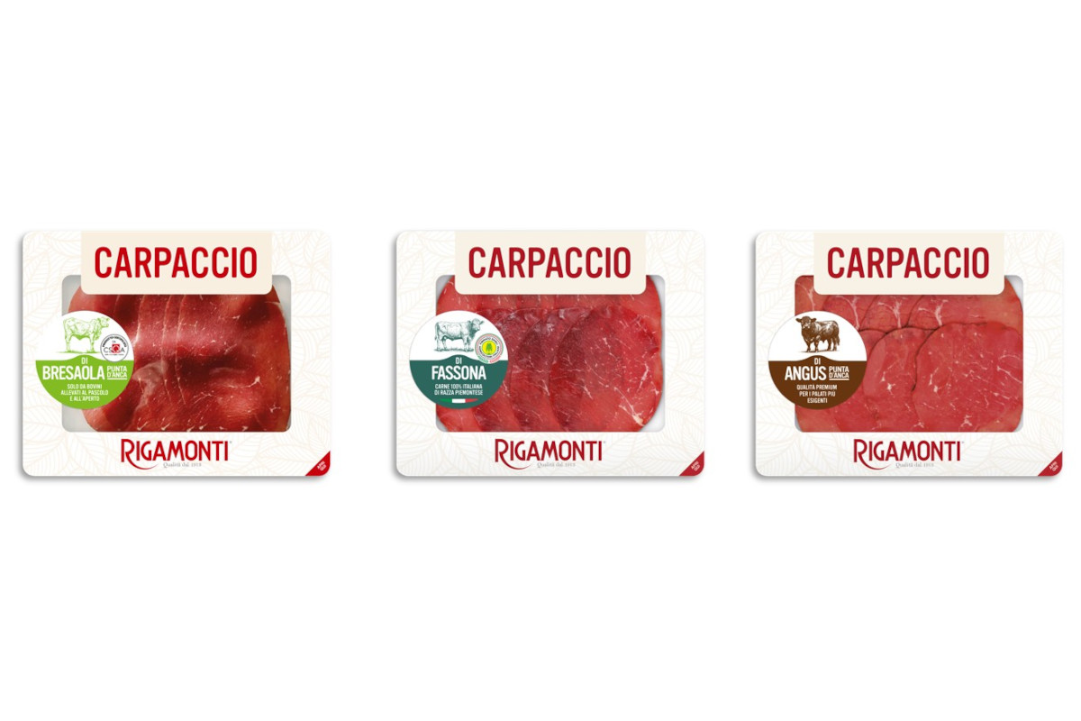 Tre vaschette di carpaccio Rigamonti: bresaola, fassona e angus. Carne cruda affettata, pronta da gustare.