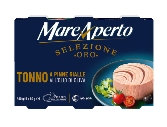 Confezione multipack Tonno Mare Aperto Selezione Oro, tonno a pinne gialle all'olio di oliva, 6 lattine da 80g.