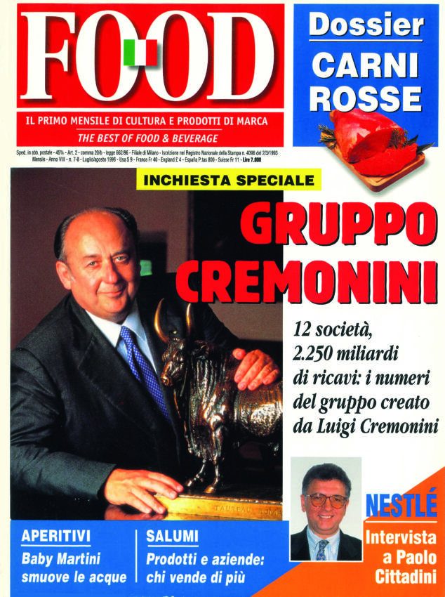 Copertina rivista Food: Luigi Cremonini con statua di toro, dossier carni rosse e intervista a Paolo Cittadini Nestlé.