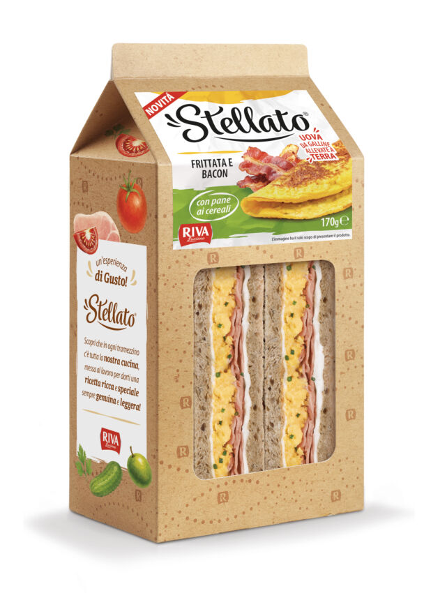 Tramezzino gourmet Stellato Riva Alimentari: frittata e bacon in confezione.