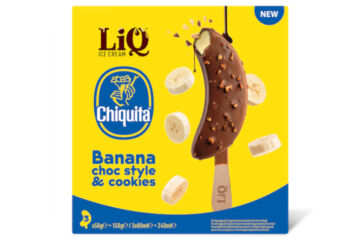 Confezione di gelato Chiquita Banana Choc Style & Cookies: ghiacciolo a forma di banana ricoperto di cioccolato e granella.