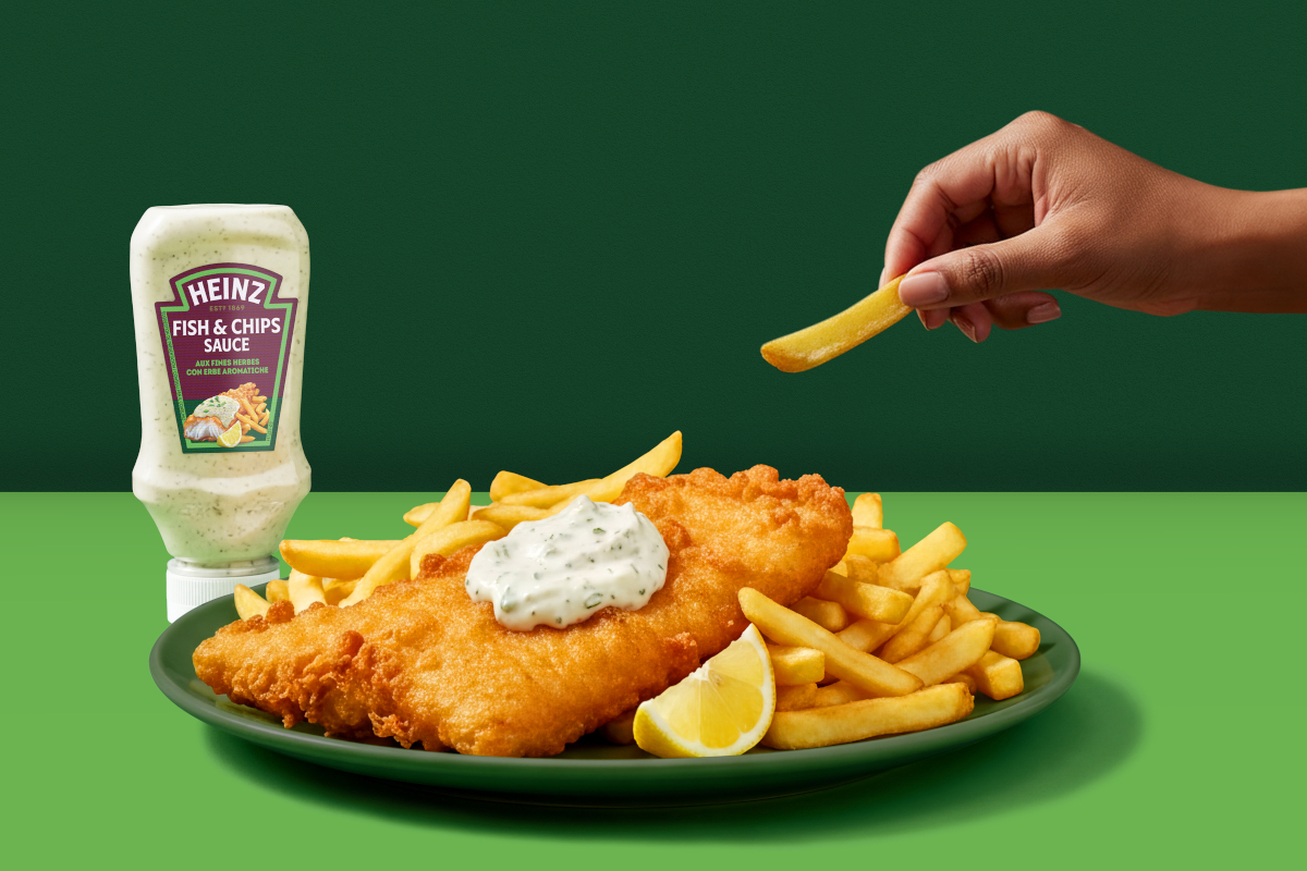 Salsa Heinz Fish & Chips su piatto di pesce fritto e patatine, con mano che intinge una patatina nella salsa cremosa.