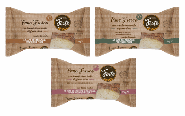 Tre confezioni di Pane Fresco Forte Oropan ad alto contenuto di proteine e fibre, con lievito madre e semola di grano.