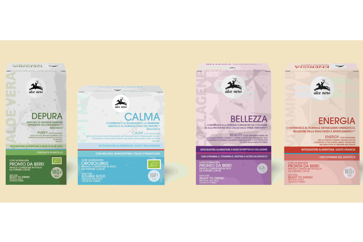 Quattro confezioni di integratori alimentari biologici Alce Nero: Depura, Calma, Bellezza ed Energia in vari formati. - Alce Nero