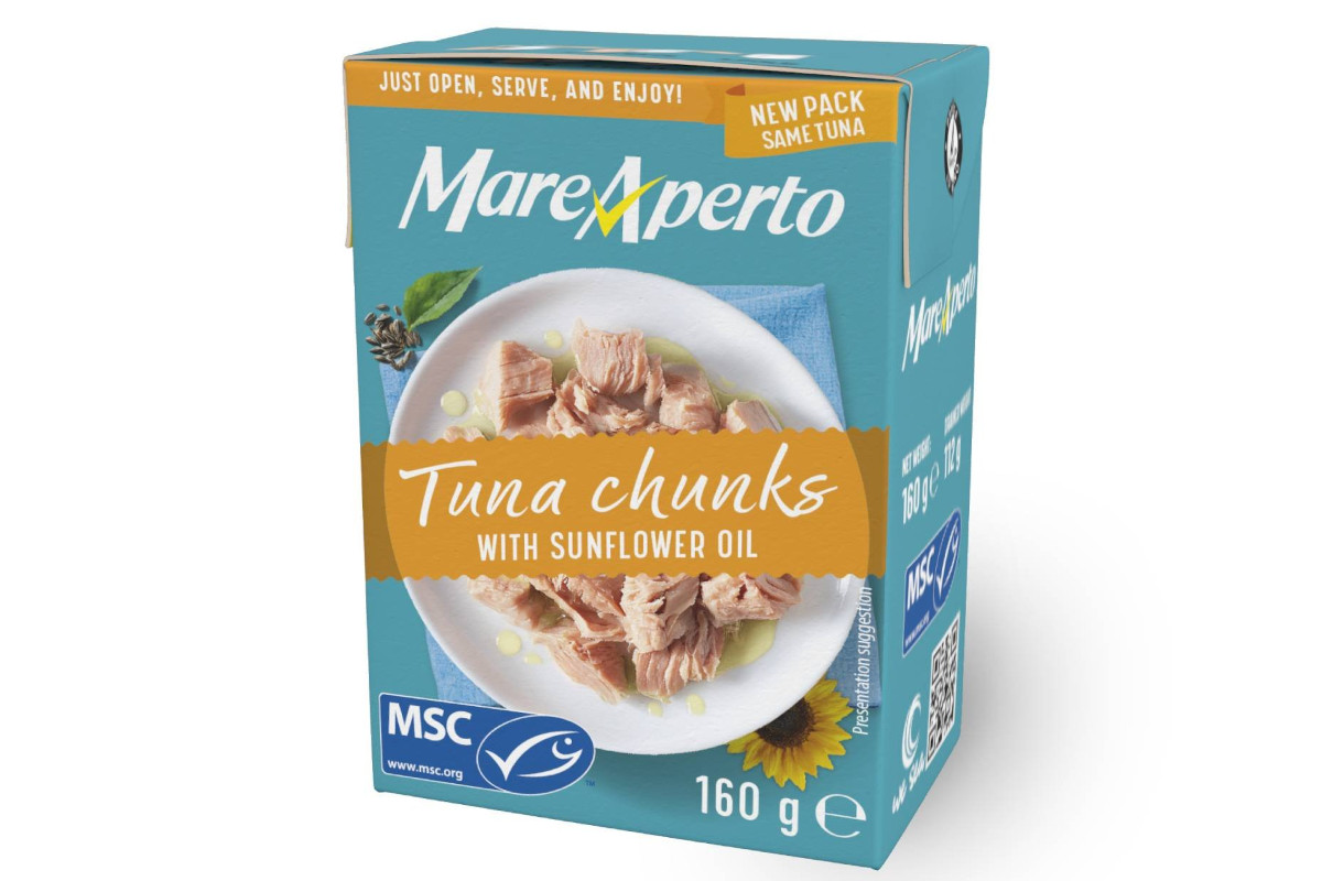 Confezione Tetra Recart di tonno a pezzi Mare Aperto in olio di semi di girasole, certificato MSC, formato 160g.