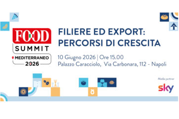 Banner Food Summit Mediterraneo 2026: evento su filiere ed export, 10 giugno a Napoli, con icone di prodotti alimentari.