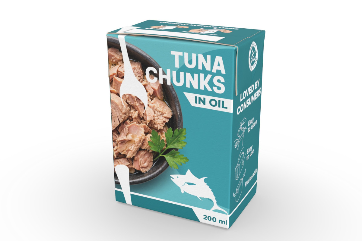 Confezione Tetra Recart da 200ml di tonno a pezzi in olio, packaging sostenibile e facile da aprire. - Tetra Pak