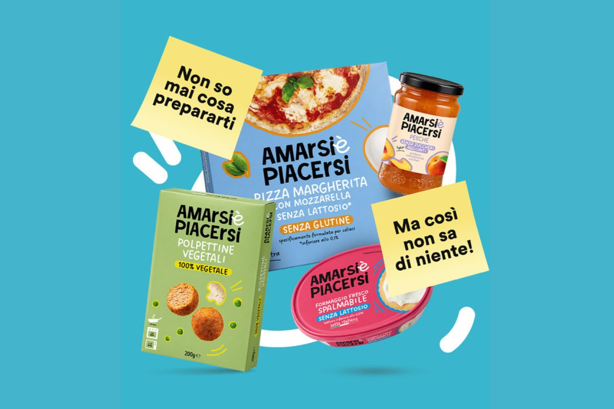Prodotti private label Amarsi è Piacersi del Gruppo Finiper: pizza, polpette vegetali, formaggio spalmabile e confettura.