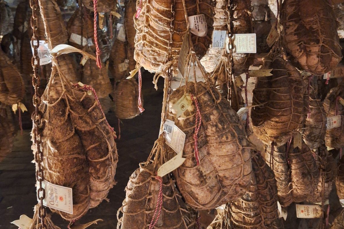 Culatello di Zibello DOP stagionato appeso in cantina, tipico salume italiano legato a mano con spago durante la maturazione.