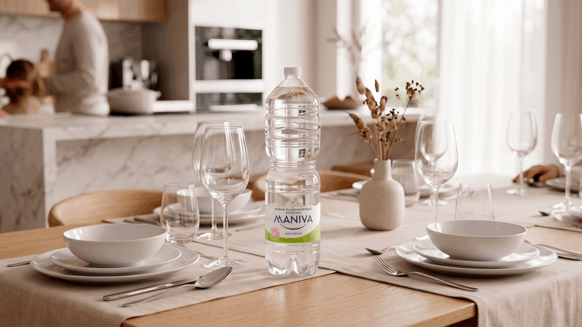 Tavola imbandita con acqua Maniva in PET. Packaging sostenibile e pratico per acqua oligominerale alcalina.