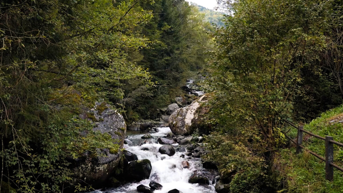Paesaggio Maniva: fiume tra boschi. Acqua Maniva, purezza e natura incontaminata.