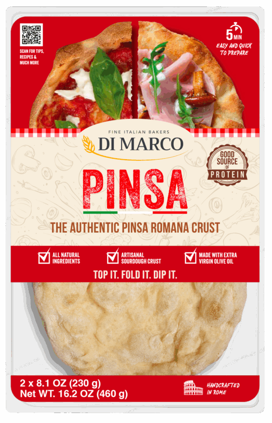 Confezione di Pinsa Romana Di Marco, base per pizza artigianale con ingredienti naturali e olio extravergine d'oliva.