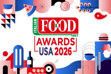 Logo ufficiale Italian Food Awards USA 2026 con icone grafiche stilizzate di cibo su sfondo bianco e blu.