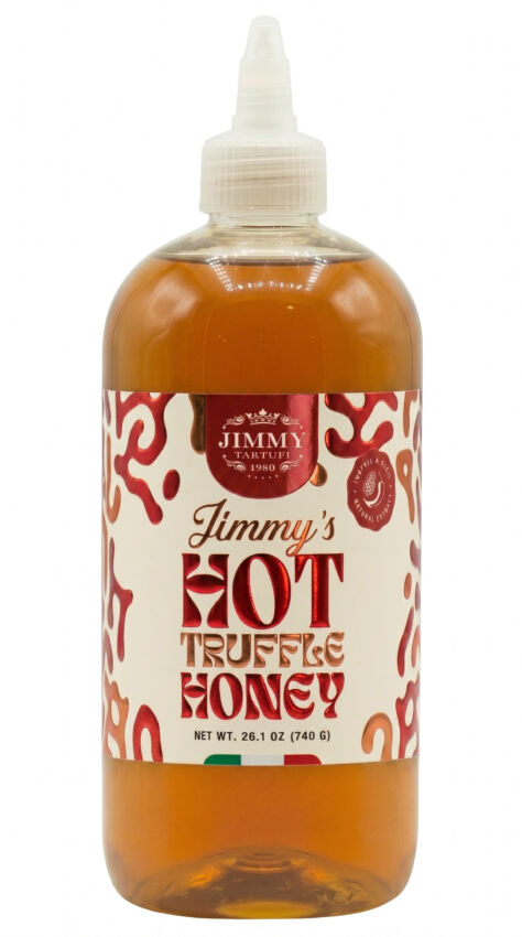 Flacone di Jimmy's Hot Truffle Honey, miele piccante al tartufo vincitore degli Italian Food Awards USA 2026.