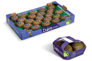 Cassetta e confezione di kiwi a marchio Dulcis di Apofruit, eccellenza della produzione ortofrutticola italiana.