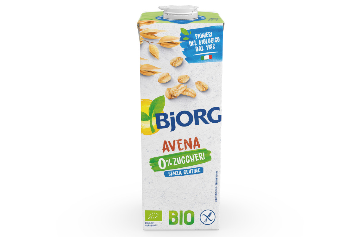 Confezione di bevanda vegetale Bjorg Avena Bio 0% zuccheri e senza glutine, prodotto biologico in brick da 1 litro.