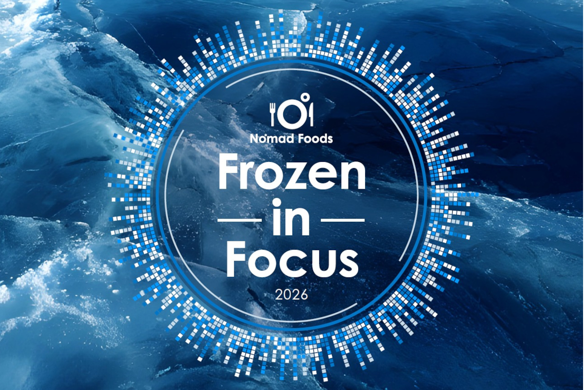 Logo Nomad Foods Frozen in Focus 2026 con grafica circolare digitale su sfondo di ghiaccio blu per alimenti surgelati.