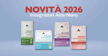 Nuovi integratori alimentari Alce Nero: confezioni Depura, Calma, Bellezza ed Energia su sfondo azzurro.