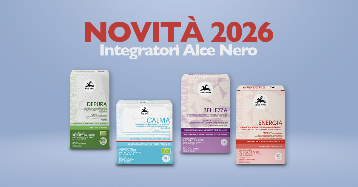 Nuovi integratori alimentari Alce Nero: confezioni Depura, Calma, Bellezza ed Energia su sfondo azzurro.