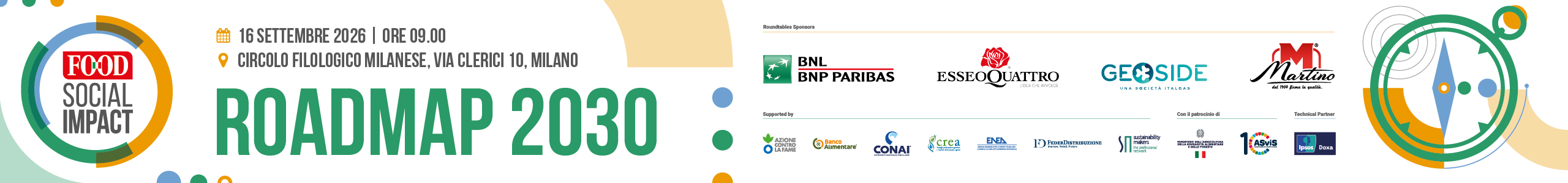 Leaderboard evento Food Social Impact 2026: Roadmap 2030, 16 settembre a Milano, con loghi sponsor e partner ufficiali.