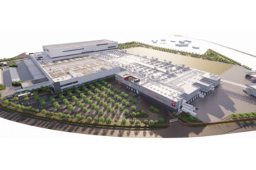 Render 3D del nuovo stabilimento Nestlé Purina e polo logistico di Mantova con ampi parcheggi e aree verdi.