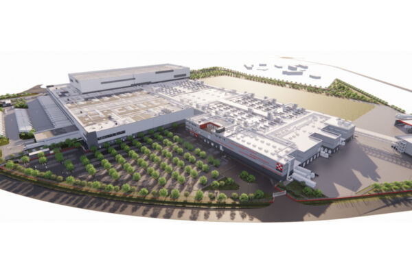 Render 3D del nuovo stabilimento Nestlé Purina e polo logistico di Mantova con ampi parcheggi e aree verdi.