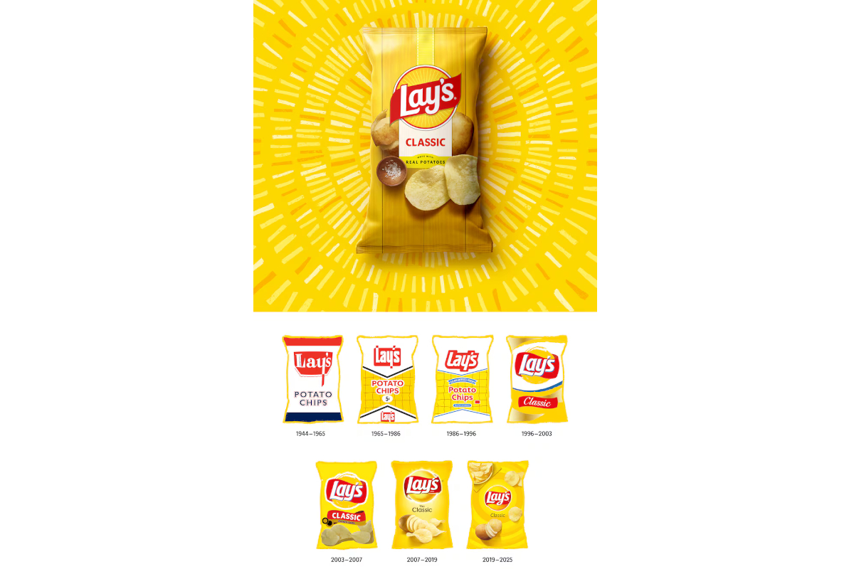 Nuovo packaging Lay's Classic con evoluzione storica del design e dei loghi delle patatine Lay's dal 1944 al 2025.
