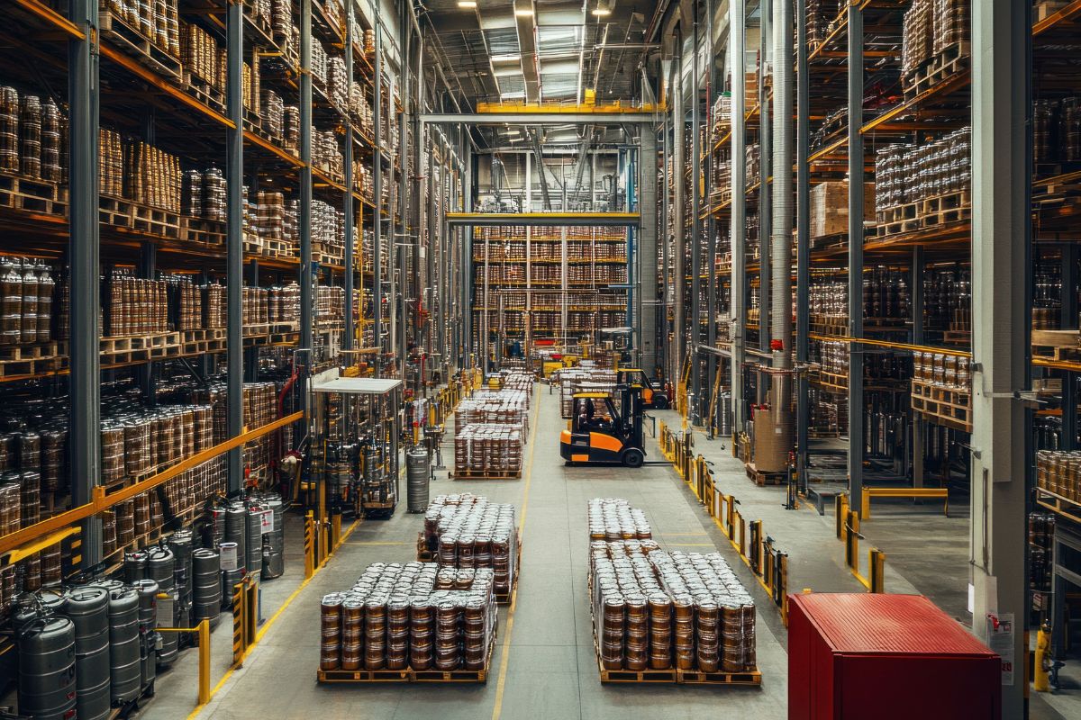 Magazzino logistico automatizzato per la distribuzione beverage con scaffalature industriali, pallet e carrello elevatore.