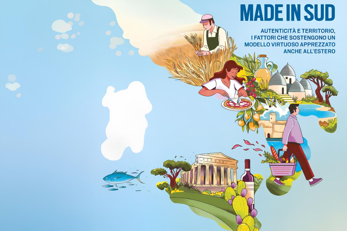 Illustrazione Made in Sud: mappa dell'Italia meridionale con prodotti tipici, agricoltura, trulli e templi greci.